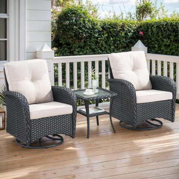 Outdoor Swivel Glider Rocker Chairs - 3 Piece Patio Furniture Set, Patio Bistro Sets with Tempered Glass Side Table, for Balcony, Porch - Black Wicker, Beige Cushion