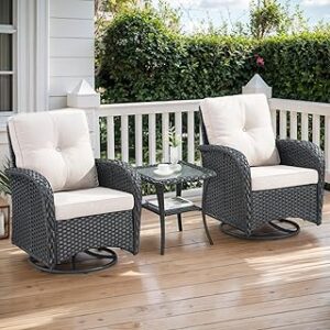 Outdoor Swivel Glider Rocker Chairs - 3 Piece Patio Furniture Set, Patio Bistro Sets with Tempered Glass Side Table, for Balcony, Porch - Black Wicker, Beige Cushion