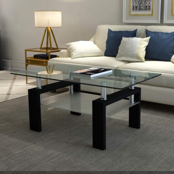 IANIYA Coffee Table with Metal Tube Legs, Glass and Rectangle End Table for Livingroom (Black) - Image 2