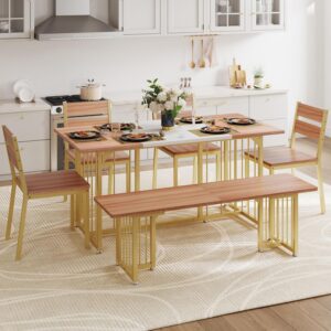 DWVO 6-Piece Dining Table Set for 6-8 People, 63" Kitchen Table Set with a Bench and 4 Chairs, Modern Rectangular Dining Room Table Set for Kitchen, Dining Room