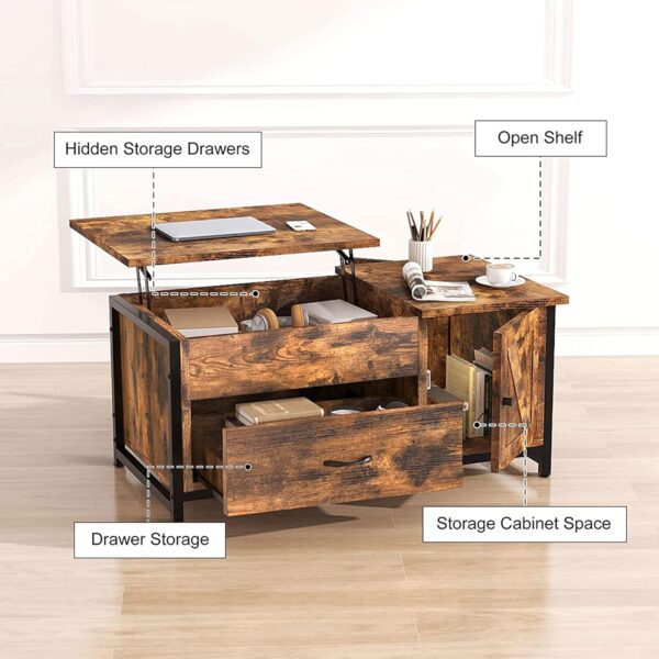 FABATO 41.7" Lift Top Coffee Table with Storage Drawer& Hidden Compartment Barn Door Cabinet Center Table Coffee Table for Living Room Farmhouse Industrial Wood (Rustic Brown2) - Image 5