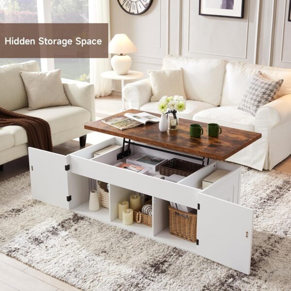 Lift Top Coffee Table with Storage, 48" Rustic Center Table with Hidden Storage Compartment and 2 Cabinet, White Coffee Table Converts to Dining Table for Living Room, Office - Image 4