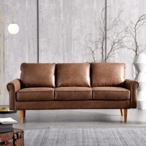 ovios 73.6" Mid-Century Modern Sofa Couch, 3-Seater Suede Leather Couches with Armrests and Comfy Cushions, Deep Seat Sofas for Living Room Bedroom Apartment, Dark Brown