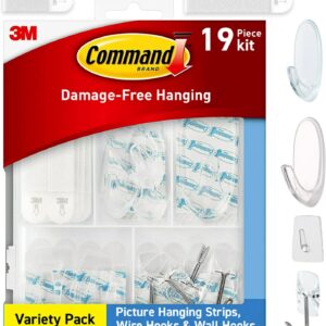 Command Variety Pack, Picture Hanging Strips, Wire Hooks and Wall Hooks, Damage Free Hanging Clear Variety Pack for Up to 19 Items, 1 Kit