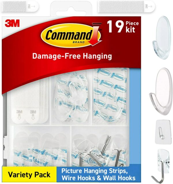 Command Variety Pack, Picture Hanging Strips, Wire Hooks and Wall Hooks, Damage Free Hanging Clear Variety Pack for Up to 19 Items, 1 Kit
