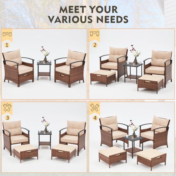 AVAWING 5 Pieces Patio Furniture Set, Outdoor Rattan Chairs with Metal Coffee Table, Ottomans & Soft Cushions, Wicker Conversation Bistro Set for Garden, Deck, Balcony, Poolside(Beige) - Image 2