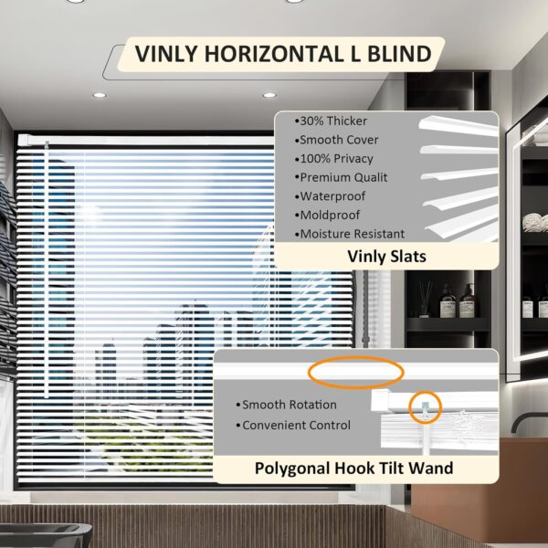 Cordless Vinyl Mini L Blinds 46" W x 48" H, 1" Slat White Horizontal Windows L Blind for Door, Shades, Camper, Light Filtering, Interiors, Arrive 1/2 Inch Narrower Indoor - Image 2