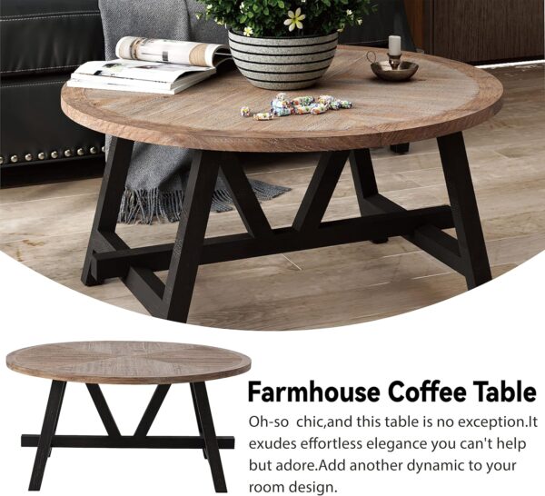 Rustic Farmhouse Coffee Table with Geometric Base, French Country Accent Table for Family, Dinning or Living Room, Modern, Round - Image 3