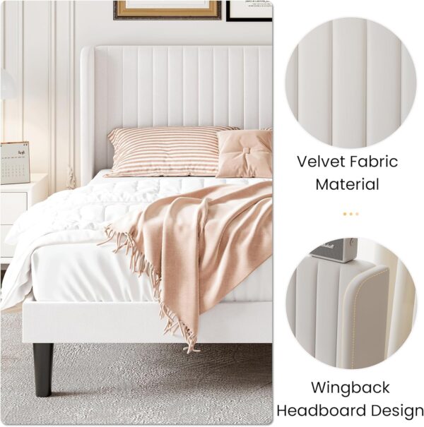 SHA CERLIN Queen Size Velvet Bed Frame with Vertical Channel Tufted Wingback Headboard, Upholstered Platform Bed with Wood Slats, No Box Spring Needed, Easy Assembly, White - Image 5