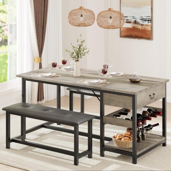 Dining Table Set for 4, Kitchen Dining Table Set with Upholstered Benches, Kitchen Dining Room Table with Storage Drawers & Wine Rack for Small Space-Grey - Image 7