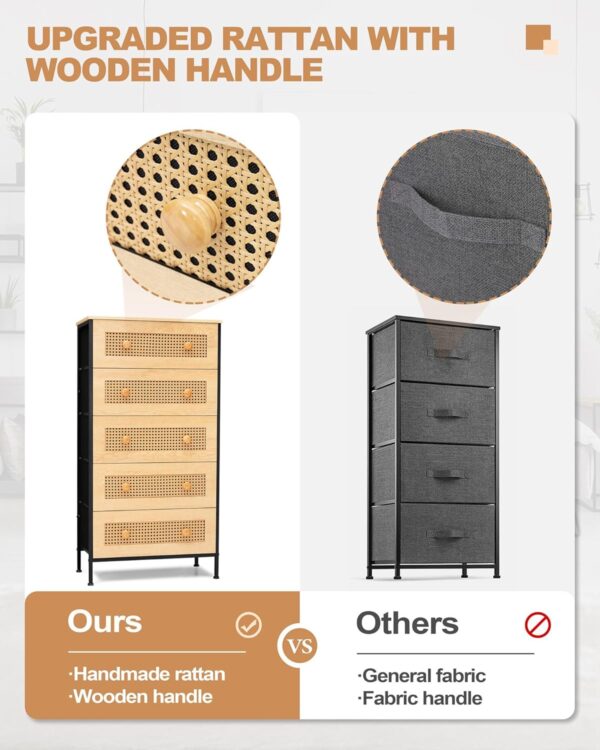 Crestlive Products Rattan Dresser Storage Tower, Tall Fabric Dresser, Chests of Drawers, Wood Top &Wood Handles - Organizer Unit for Bedroom, Hallway, Entryway, Closets - 5 Drawers (Natural) - Image 4
