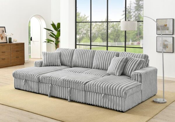 122'' Convertible U-Shaped Faux Rabbit Fur Plush Sectional Sleeper Sofa, Upholstered Cloud Couch Pull-Out Sofa Bed with Storage Chaise and 3 Throw Pillows for Living Room (Grey, 122'' x 64'') - Image 2