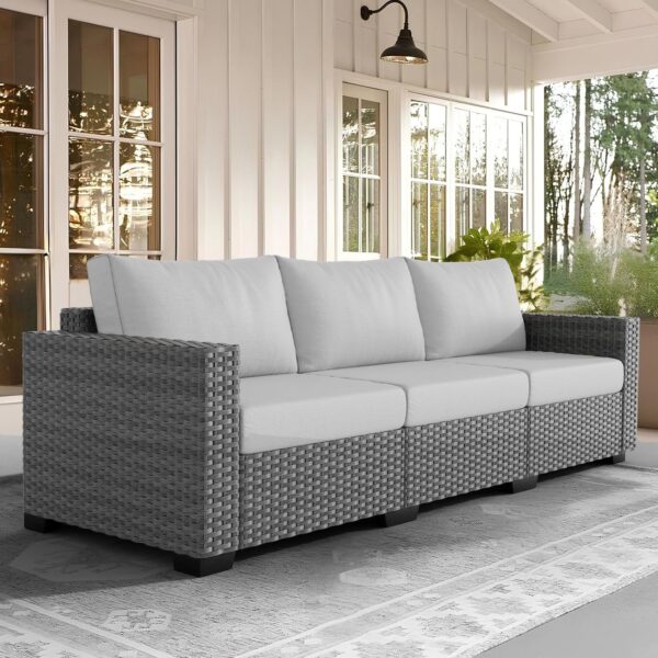 Wicker Patio Sofa, 3 Seats Extra Large Outdoor Couch with Comfortable 4.72'' Thick Cushions,Deep Seat Patio Sofas Set for Porch, Deck, Backyard, Sunroom, Garden, Beige - Image 4