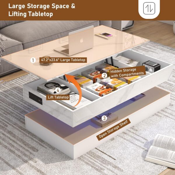 47.2" Large Lift Top Coffee Table with Charging Station, LED Modern High Glossy Center Table with Hidden Compartment Storage, White Lift Living Room Tables with Marbling Print - Image 4