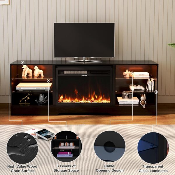 COCO DESIGN Fireplace TV Stand with 23" Fireplace, Electric Fireplace TV Console for TVs up to 75", LED Lights Wood and Glass Entertainment Center & Remote Control, Black - Image 4