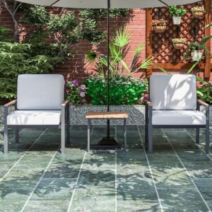 KMX Aluminum 3-Piece Patio Conversation Bistro Set with 2 High-Backrest Chairs, Gray Cushions, and a Chic Coffee Table, All-Weather Patio Outdoor Furniture Set for Porch, Balcony, Backyard