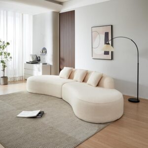 119.29“ Curved Sectional Sofa Couch, Comfy Sherpa Fabric Modern Upholstered Cloud Sofa with 3 Pillow, Oversized Couch for Living Room, Bedroom, Apartment, No Assembly Required, Beige
