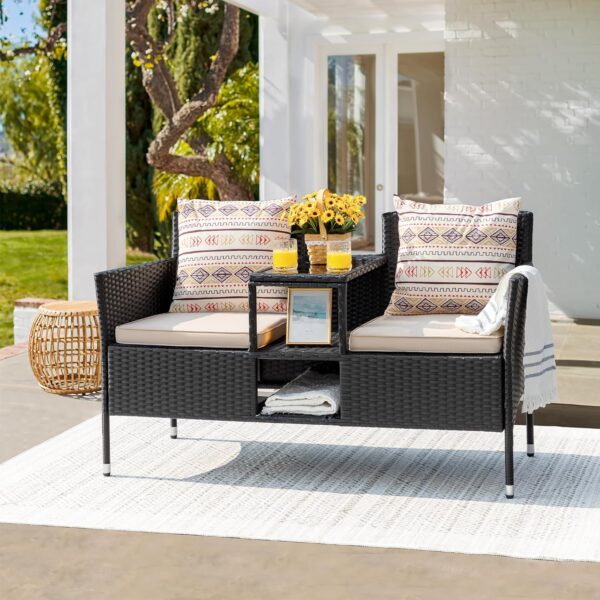 Devoko Outdoor Patio Loveseat Modern Rattan 2-Seat Patio Conversation Set with Cushions & Built-in Coffee Table Porch Furniture for Garden Lawn Backyard (Beige) - Image 2