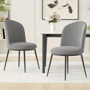 Forevich Velvet Dining Chairs Set of 2, Mid-Century Modern Round Upholstered Dining Room Chair with Metal Legs for Living Room and Kitchen Light Grey