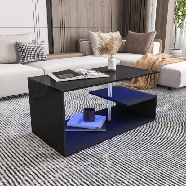 HOMMPA LED Coffee Tables for Living Room Modern Black Coffee Table with S-Shaped 3 Tiers Open Storage Shelf High Gloss Center Sofa Tea Table with LED Lights for Home Office Furniture Black 18" Tall - Image 7