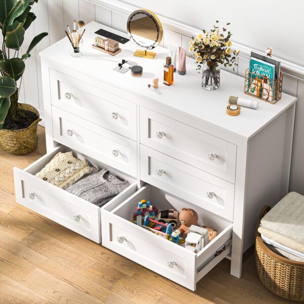 HAIOOU 6 Drawer Double Dresser, White Modern Chest of Drawers with Deep Drawers, Charging Station and Crystal/Black Handles, Wooden Drawer Storage Organizer Cabinet for Bedroom, Living Room - Image 3