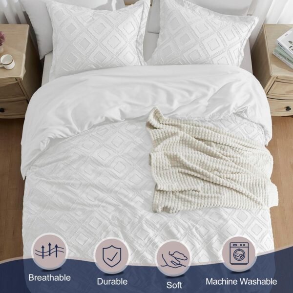 downluxe Boho Duvet Cover Queen - Embroidery Shabby Chic Queen Duvet Cover Set for All Seasons, 3 Pieces Tufted Boho Bedding, Comforter Cover with Zipper (White 04, Queen, 90" x 90") - Image 3