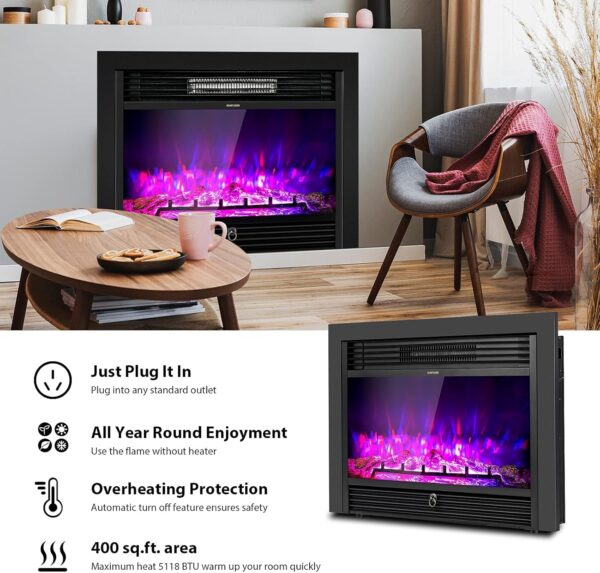 LDAILY 28" Electric Fireplace, Wall Mounted/Recessed Electric Fireplace Heater with Remote, 3-Color Adjustable Flame, 5 Brightness, 8 H Timer, 750/1500W Freestanding Electric Fireplace Inserts, Black - Image 6