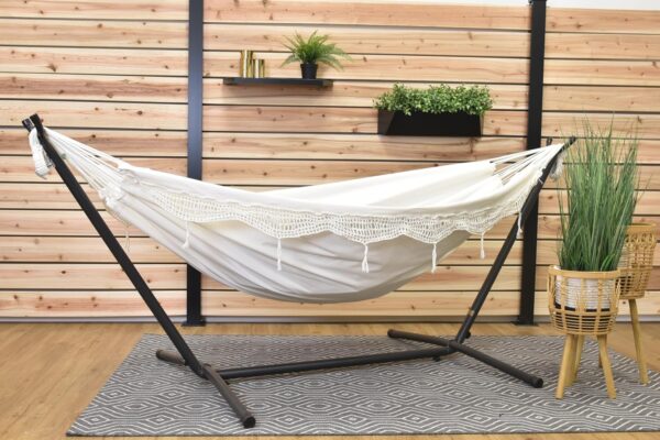 Vivere Double Hammock with Space Saving Steel Stand, Natural (450 lb Capacity - Premium Carry Bag Included) - Image 3