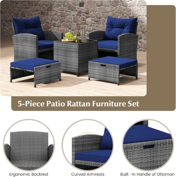 Tangkula 5 Piece Patio Rattan Furniture, Wicker Cushioned Chairs Set w/ 2 Ottomans & Tempered Glass Coffee Table, for Poolside, Backyard, Lawn, Deck (Mix Gray+Navy) - Image 7