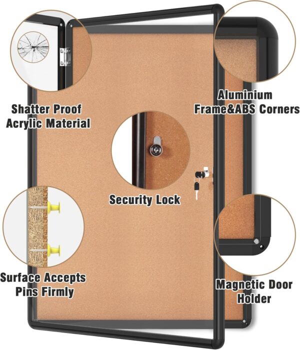38"x28" Enclosed Bulletin Board, Lockable Weather-Resistant Aluminum Cork Noticeboard for School & Office, Black Frame w/Cork - Image 3