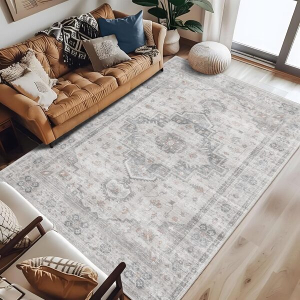 Area Rugs 5x7, Boho Rug for Living Room Non-Slip, Washable Large Rugs for Bedroom Dining Room, Oriental Vintage Carpet Floor Low-Pile, Grey - Image 3