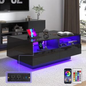 St.Mandyu LED Coffee Table with Storage Drawers,Modern High Glossy Center Table with 20 Colors LED Lights for Living Room (Black)