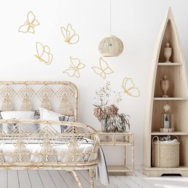 Hotop 6 Pieces Metal Butterfly Wall Decor Metal Wall Art Heart Hanging Decorations Wire Flowers Decor Wall Decals for Kitchen Bathroom Indoor Outdoor Wedding Birthday Party (Gold,Butterfly) - Image 6