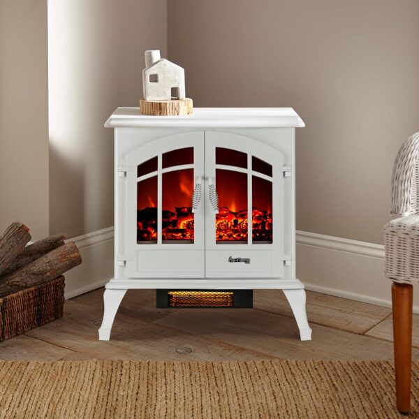 Jasper Freestanding Electric Fireplace Stove Heater - Realistic 3-D Log and Fire Effect (White) - Image 5