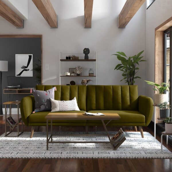 Novogratz Brittany Sofa Futon, Premium Linen Upholstery and Wooden Legs, Green Linen - Image 2