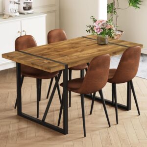 Rustic 5 Piece Dining Room Table Set for 4 People, Mid Century Modern 55 Inch Rectangle Wood Kitchen Dining Table with 4 Fabric Chairs Set, Suitable for Kitchen Dining Room