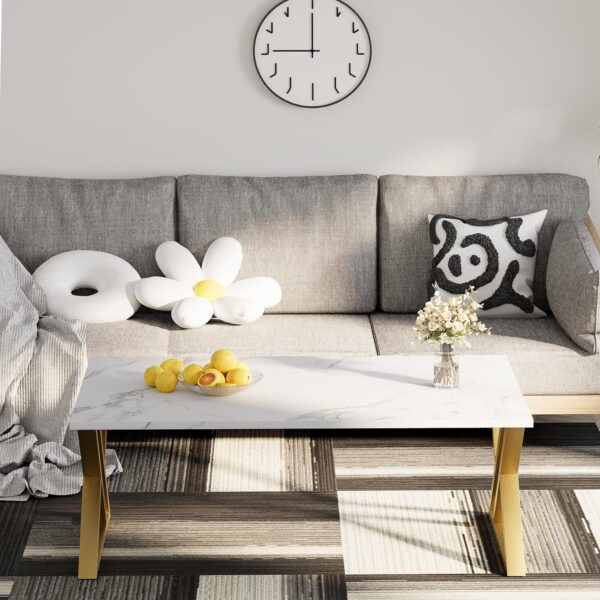 Coffee Table Living Room Table White Center Table, Simple Modern Faux Marble Rectangular Tea Table with Sturdy Gold-Finished Metal Frame,Industrial Wooden Coffee Table for Bedroom Home Office - Image 7