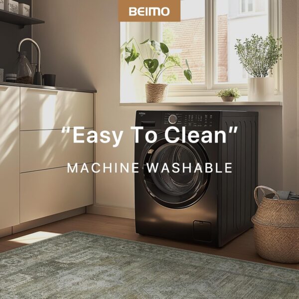 Area Rug 5x7 for Living Room Bedroom, Machine Washable Neutral Rug, Soft Vintage Print Sage Green Carpet, Low Pile Mat with Non Slip Rubber Backing - Image 6