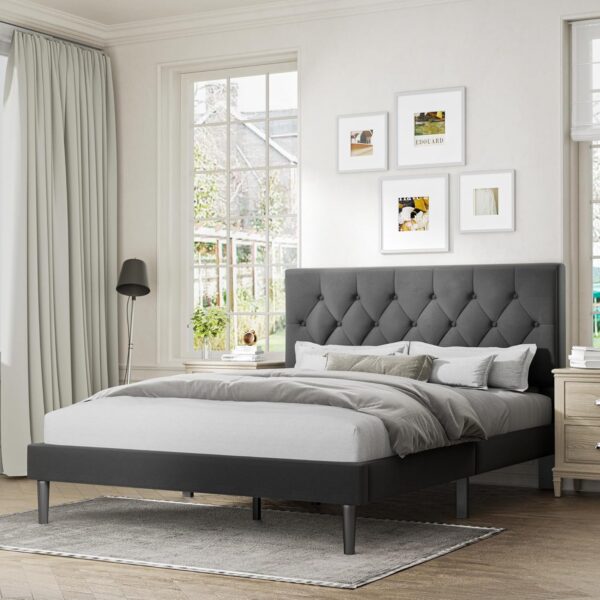 Queen Size Platform Bed Frame with Upholstered Headboard, Button Tufted Design, No Box Spring Needed, Dark Grey - Image 3