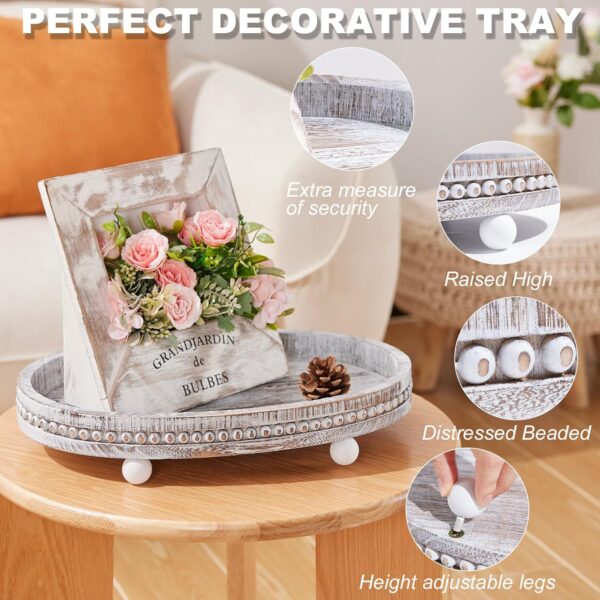 Wooden Decorative Tray-16×11.8" Oval Coffee Table Tray Kitchen Dining Table Centerpiece Decoration Holder Tray,Whitewashed Beaded Farmhouse Tray for Home Easter Thanksgiving Table Decor - Image 3