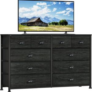 Furnulem 10 Drawer Dresser for Bedroom, Chest of Drawer for 55'' Long TV Stand Entertainment Center, Storage Organizer for Closet, Living Room, Entryway, Fabric Bins, Wood Top, Metal Frame(Black Oak)