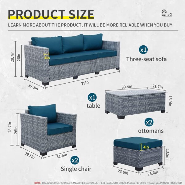 6 Pieces Wicker Patio Furniture Sets Outdoor Conversation Set PE Rattan Sectional Sofa Couch with Storage Table and Peacock Blue Cushions - Image 3