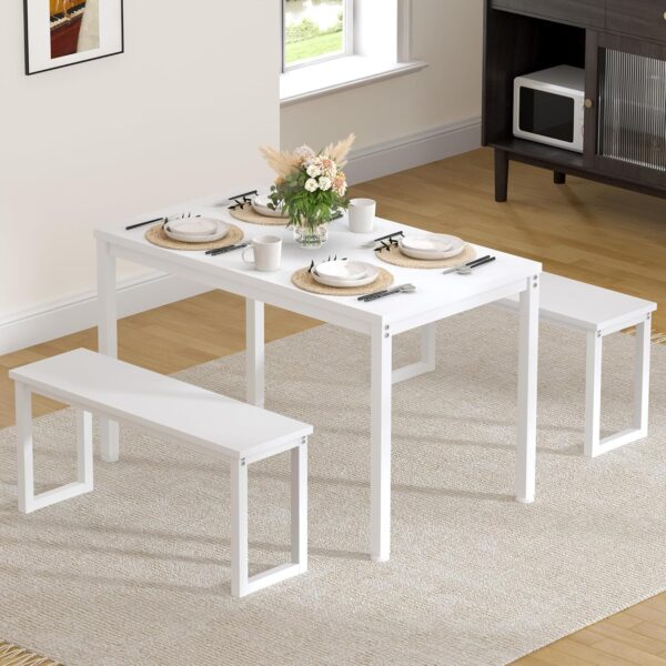 soges Kitchen Table Set with 2 Benches, White Dining Table Set for 4, 3 Piece Dining Room Table and Long Benches, Breakfast Table Coffee Table Set, Industrial Style Wooden Kitchen and Dining Room Set - Image 2