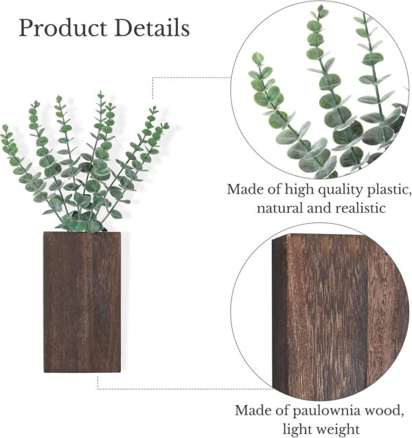Dahey 2 Pack Wood Wall Planter Vase with Artificial Eucalyptus Farmhouse Wall Hanging Decor Pocket Planter for Indoor Fake Plants Greenery, Living Room Bedroom Kitchen Home Office Decoration - Image 4