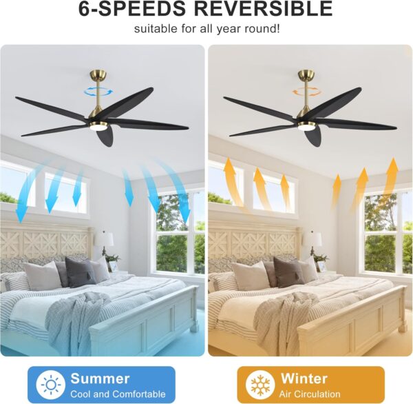 54 Inch Modern Ceiling Fan with Lights and Remote, 5 Wood Blades, 6-Speed Noiseless Reversible DC Motor with Replaceable Downrods for Bedroom Living Room Dining Room, Gold and Black. - Image 2