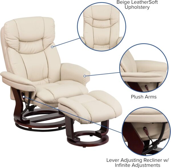 Flash Furniture Allie LeatherSoft Upholstered Recliner with Ottoman Footrest, Padded Swiveling Recliner Chair and Ottoman Set, Beige - Image 5
