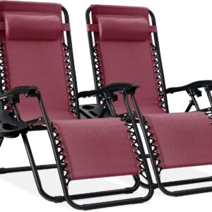 Best Choice Products Set of 2 Adjustable Steel Mesh Zero Gravity Lounge Chair Recliners w/Pillows and Cup Holder Trays - Burgundy
