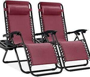 Best Choice Products Set of 2 Adjustable Steel Mesh Zero Gravity Lounge Chair Recliners w/Pillows and Cup Holder Trays - Burgundy