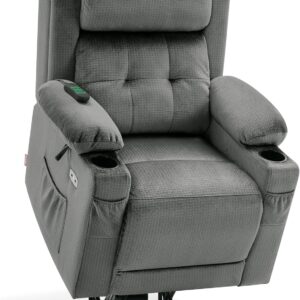 MCombo Small Dual Motor Power Lift Recliner Chair with Massage and Heat for Petite Elderly People, Adjustable Headrest, Infinite Position, USB Ports, Fabric 7660 (Grey, Small)