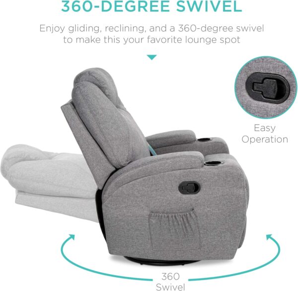 Best Choice Products Executive Linen Fabric Swivel Electric Massage Recliner Chair w/Remote Control, 5 Heat & Vibration Modes, 2 Cup Holders, 4 Pockets - Gray - Image 4